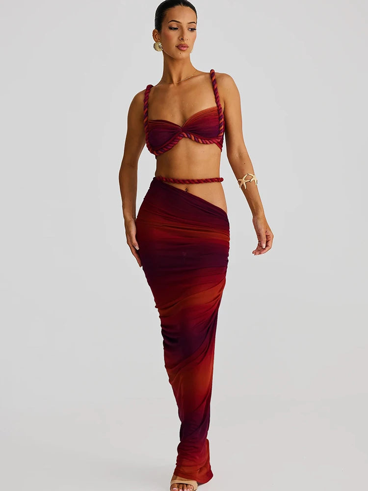 Ruched Y2K Sexy 2 Piece Set Women Plait Camisole+Hollow Skirts Bandage Vacation Beach Party Trend Skinny Clubwear