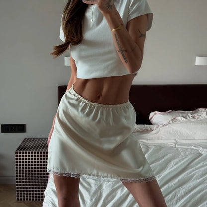 Women Sexy High Waist Satin Mini Skirt White Red Chic Streetwear Summer Elastic Waist Slim Skirt Hot Girls Casual Simple