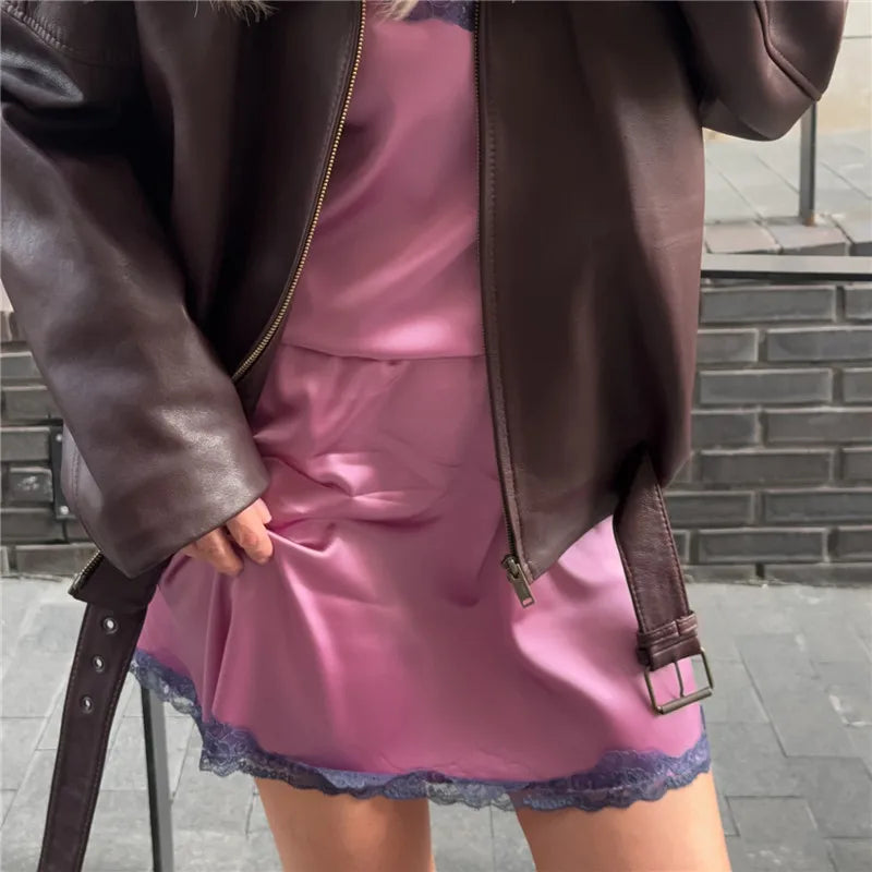 Summer French Women Satin Pajama Skirts Bottoms Lace Trim Silk Lounge Skirts High Elastic Waist Y2K Vintage Streetwear