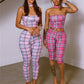 Plaid Patchwork 2 Piece Set Woman Summer Trend Halter Backless Sleeveless Crop Tops+Skinny Long Pants Fashion Suits