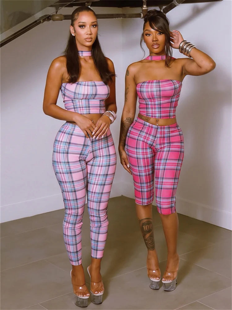 Plaid Patchwork 2 Piece Set Woman Summer Trend Halter Backless Sleeveless Crop Tops+Skinny Long Pants Fashion Suits