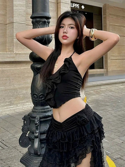 Summer 2 Piece Set Women Y2K Trend Chic Lace-Up Low-Neck Tierred Lace Collarmini Tops+Tassel Skirt Irregular Hem Suit