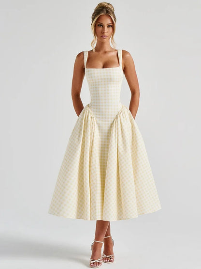 Square Neck Sleeveless Backless A-line Long Dresses Princess Style Pink Plaid Dress Summer Elegant