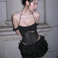 sexy 2-piece set women patchwork folds single-breasted halter hollow off-shoulder tops+lace-up puffy hem skirt suit
