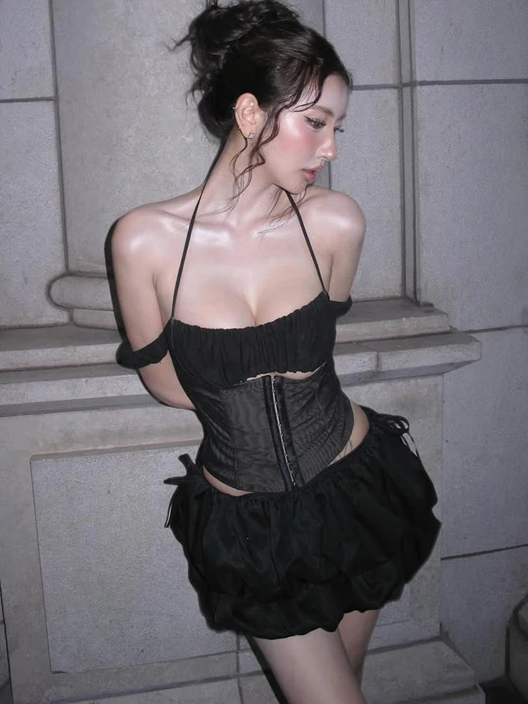 sexy 2-piece set women patchwork folds single-breasted halter hollow off-shoulder tops+lace-up puffy hem skirt suit