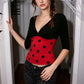 Women V Neck 3/4 Sleeve Crop Top Polka Dot Ladybug Print Color Block Slim Fit Halloween Cosplay Party Short Top