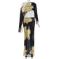 Yellow Floral Dress Suit Elegant Sheer 2 Pieces Set for Woman One Shoulder Top Maxi Skirt Vacation Outfit