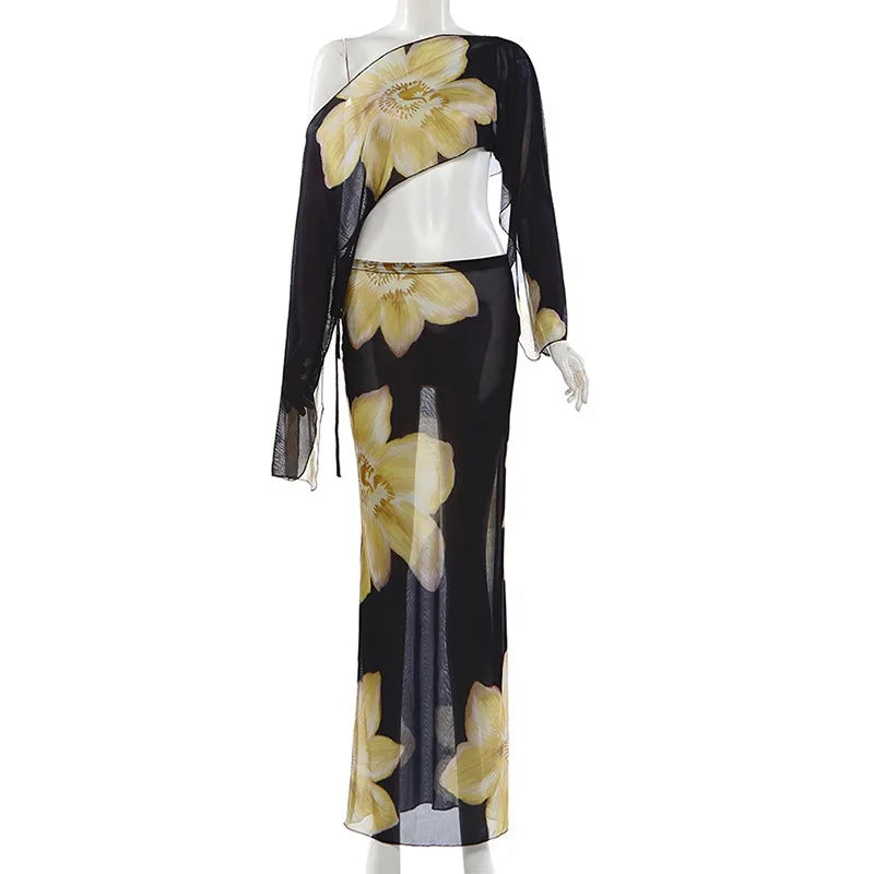 Yellow Floral Dress Suit Elegant Sheer 2 Pieces Set for Woman One Shoulder Top Maxi Skirt Vacation Outfit