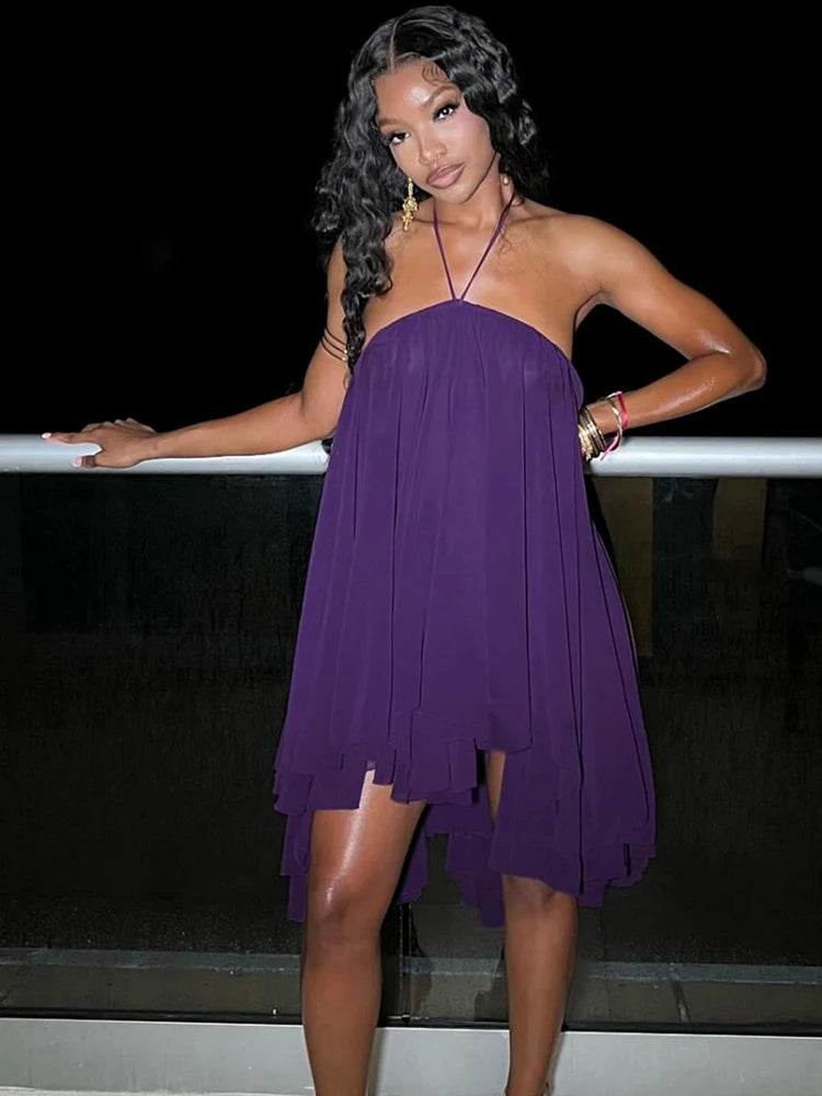 Halter Loose Dress Women Y2K Summer Sleeveless Backless Tiered Lrregular Hem Beach Vacation Sexy Trend Party Bodycon