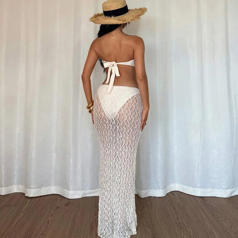 Two Piece Set See Through Lace Long Skirt Tube Top Beach Vacation Outfits Sexy Summer Clothes for Woman