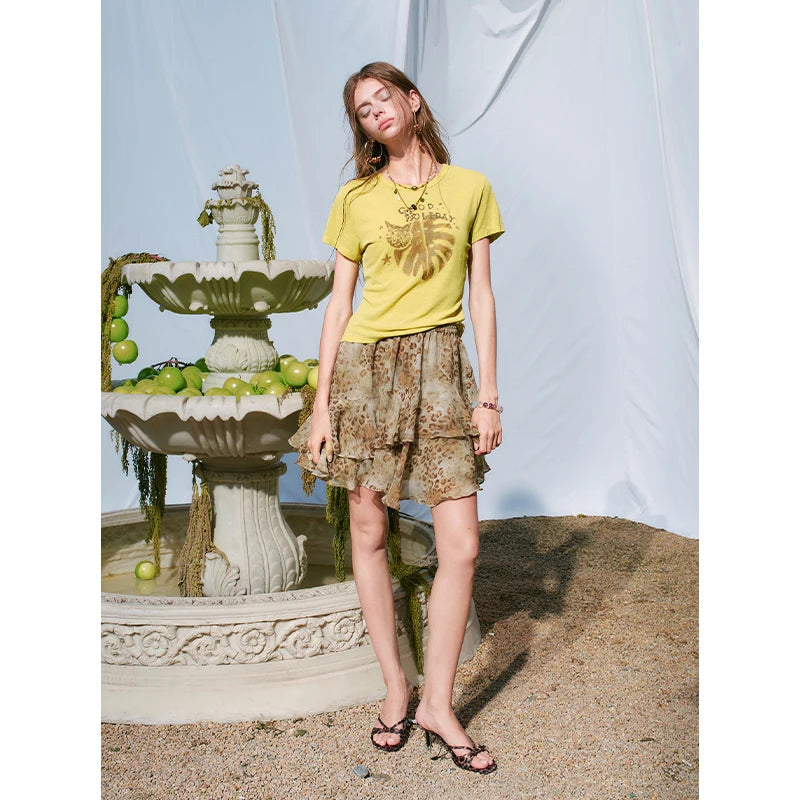 Women's Mini Skirt with Shimmery Leopard Print & Tiered Ruffle Detail, Chic Elastic Waist Lightweight Bottom for Summer
