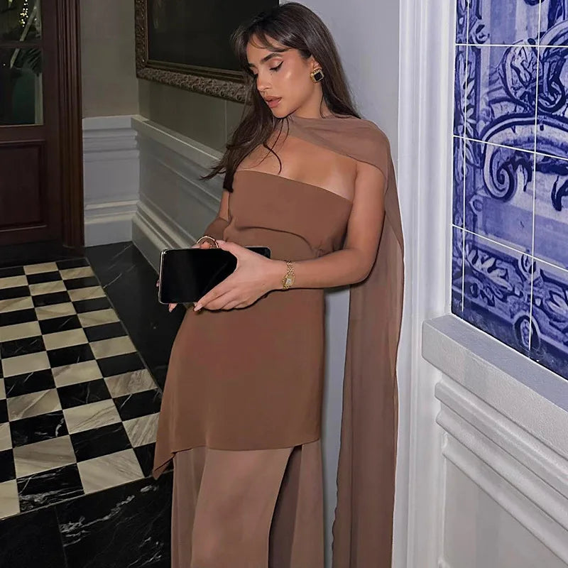 Sheer Mesh Splicing Tube Dress with Scarf Elegant Backless Split Long Dresses Woman Party Outfits