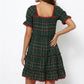 Christmas Plaid Tiered Dress Women Square Neck Puff Sleeve Lace Trim Ruffle Hem A Line Loose Fit Mini Swing Short Dress