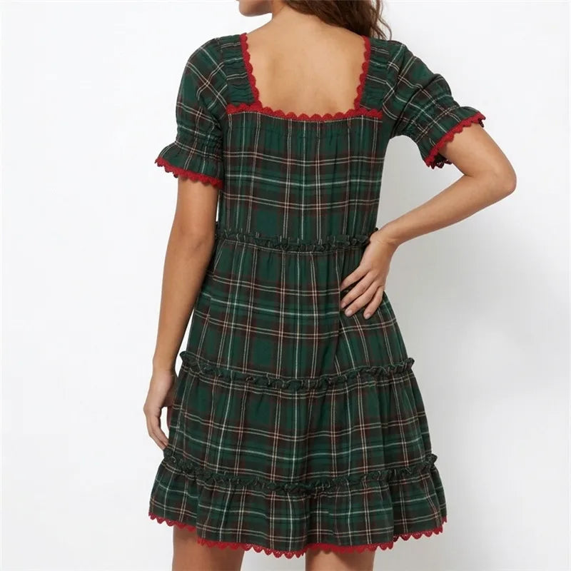 Christmas Plaid Tiered Dress Women Square Neck Puff Sleeve Lace Trim Ruffle Hem A Line Loose Fit Mini Swing Short Dress