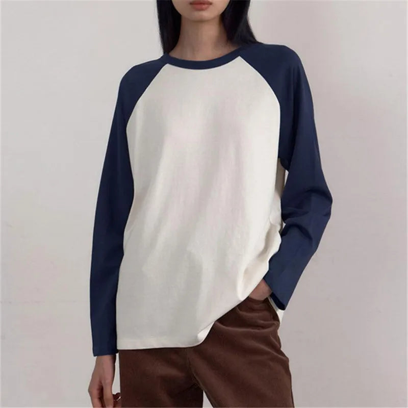 Womens Round Neck Raglan Long Sleeve Tee Color Block Contrast Patchwork Loose Casual Basic Tshirt Streetwear Daily Top