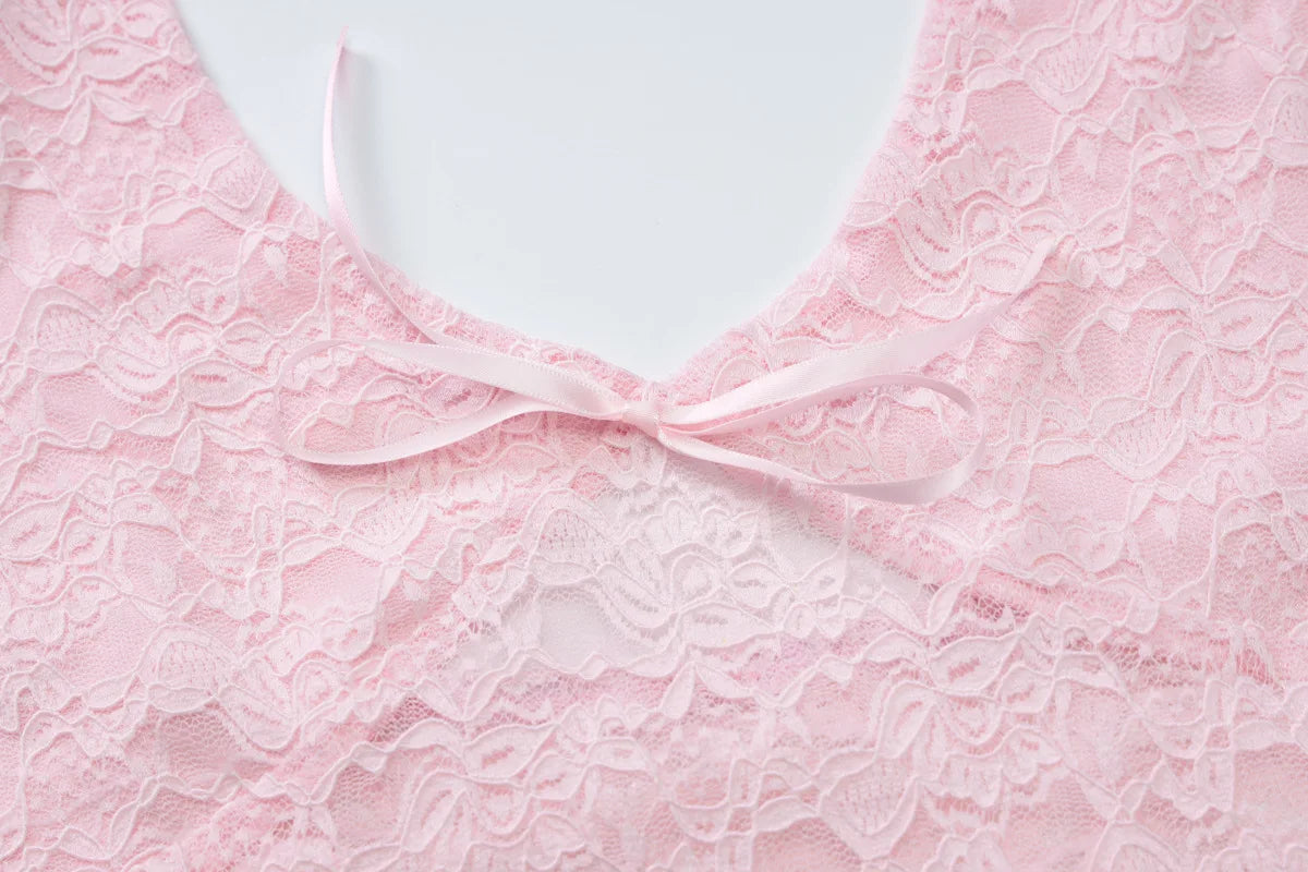 See Through Pink Lace Deep V Halter Backless Crop Top Trending Sexy Tank Tops Women Y2k Fashion Clothes