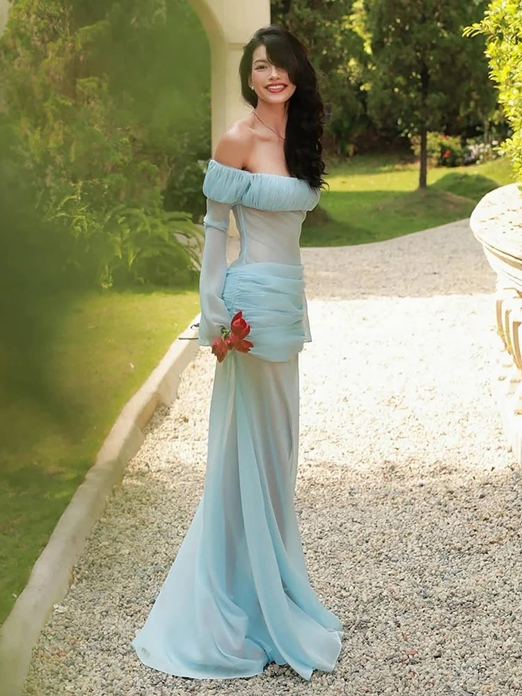 Off-Shoulder Maxi Dress Women Full Sleeve Folds See Through Hem Elegant Vacation Birthday Party Chic Autumn Vestidos