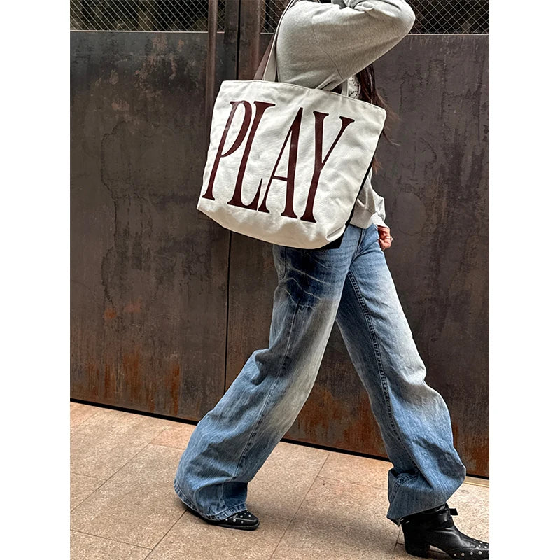 Off White Large Canvas Tote Bag with Bold Maroon "PLAY" Print for Women