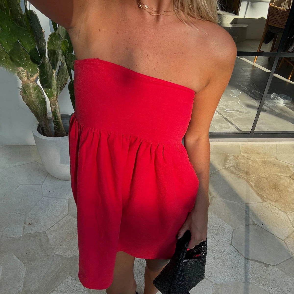 Vintage Y2K Inspired Women Strapless Linen Babydoll Dress A Line Flared Hem Tube Top Sundress for Casual Summer Outings