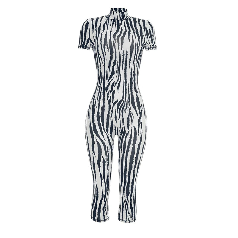 Backless Print Romper Women Sexy Fashion Turtleneck Short Sleeve Stretch Skinny Hottie Trend Midnight Street Clubwear