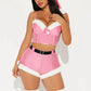 Christmas Santa Costume Women Satin Furry Trim Cami Bustier Top Shorts Set With Belt Bow Holiday Party Outfit