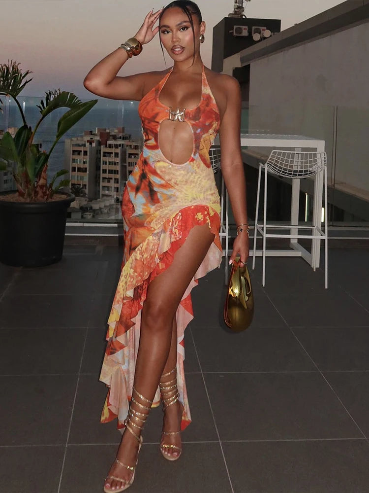 Halter Metal Buckle Dress Women Y2K Hollow Backless Summer Trend High Split Ruffles Sexy Elegant Bandage Maxi Bodycon