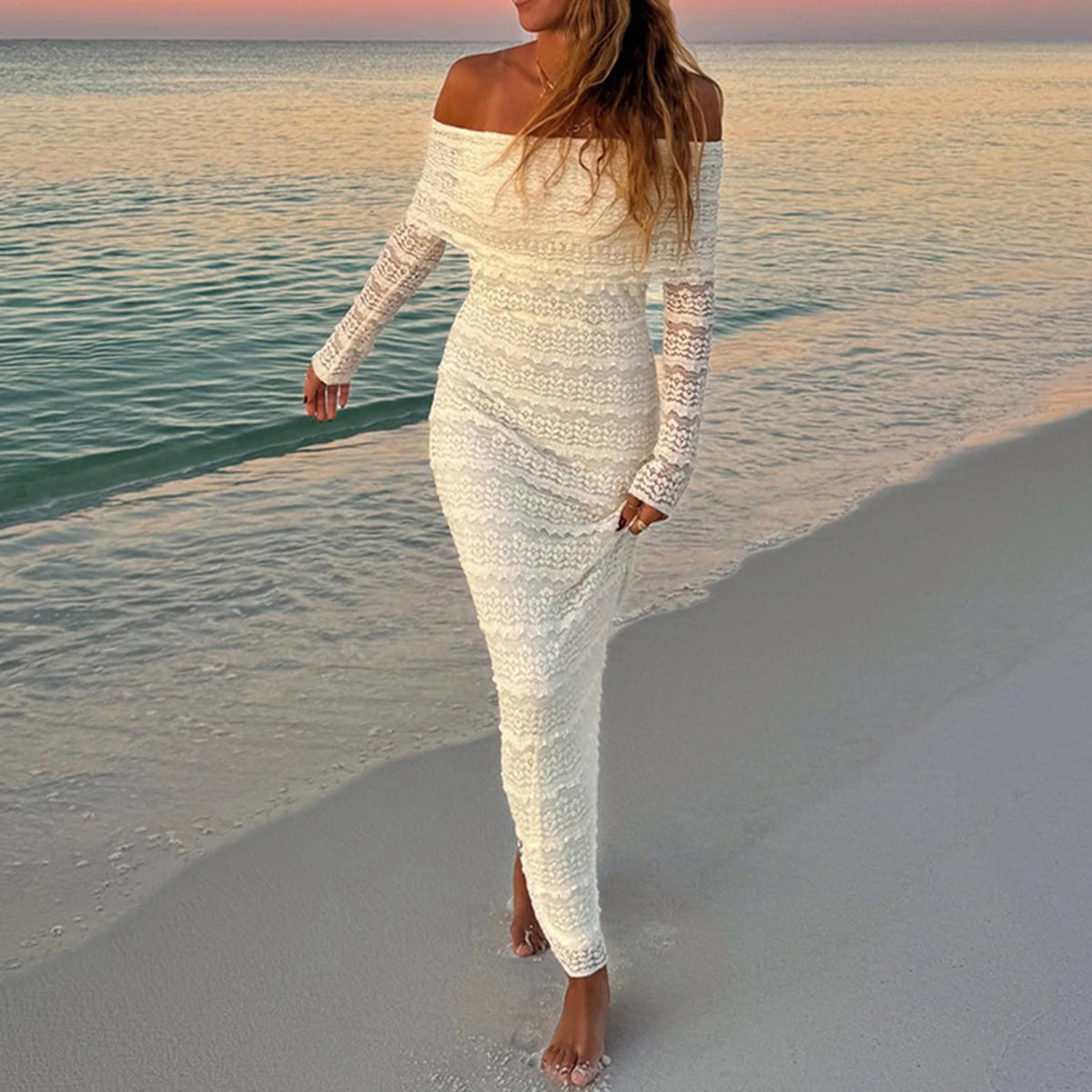 Women Off Shoulder Long Dress Slim Lace Flower Long Sleeve Backless Long Bodycon Maxi Dress for Daily Travel