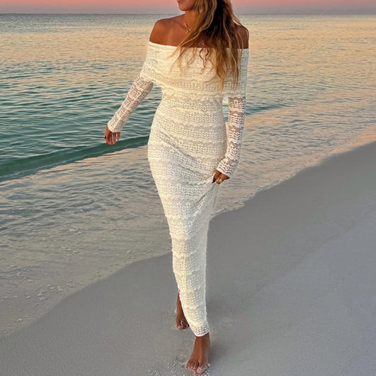 Women Off Shoulder Long Dress Slim Lace Flower Long Sleeve Backless Long Bodycon Maxi Dress for Daily Travel