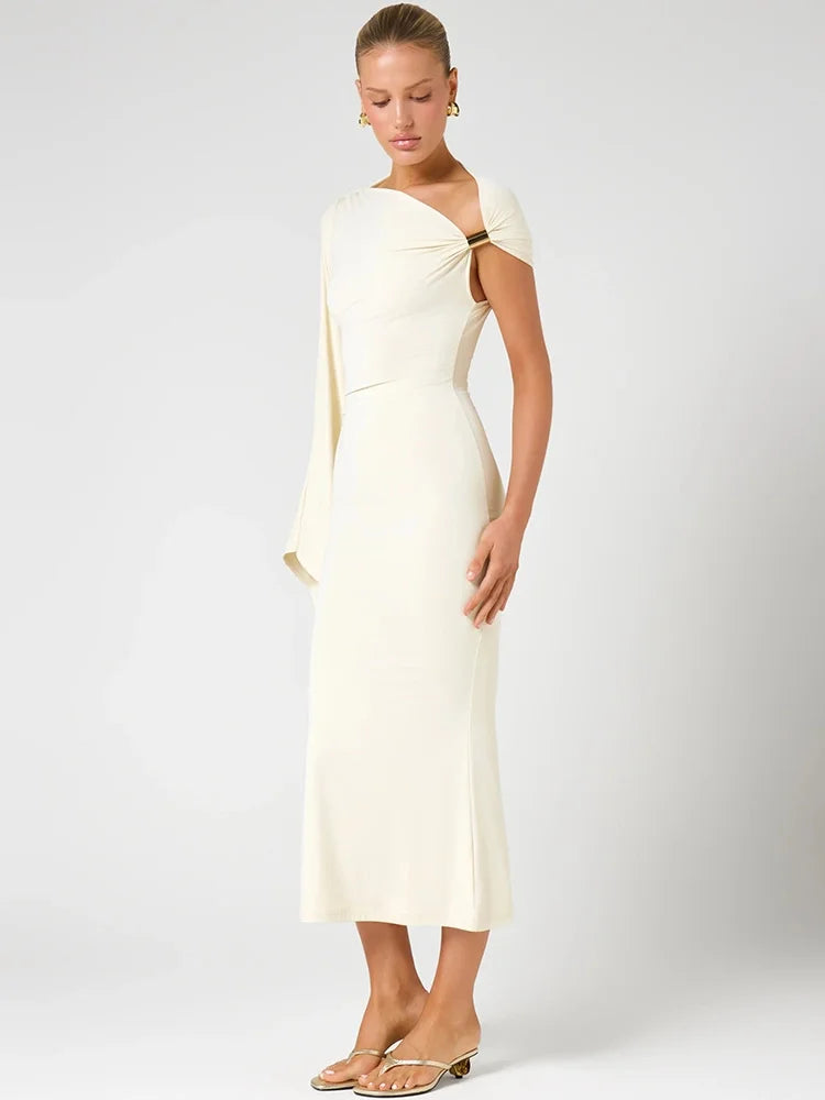 Women One Shoulder Cape Sleeve Sexy Midi Dress Metal Buckle Twisted Bodycon Mermaid Mid‑Calf Evening Party Dresses