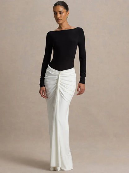 Long Sleeve Backless Sexy Maxi Dress Women Gown Fashion Patchwork High Waist Draped Ruched Club Party Long Dresses