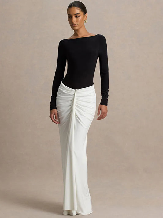 Long Sleeve Backless Sexy Maxi Dress Women Gown Fashion Patchwork High Waist Draped Ruched Club Party Long Dresses