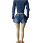 Denim Hipster 2piece Set Woman Pocket Zip Polo-Neck Crop Jacket+Skinny Shorts Street Vintage Casual Matching Outfits
