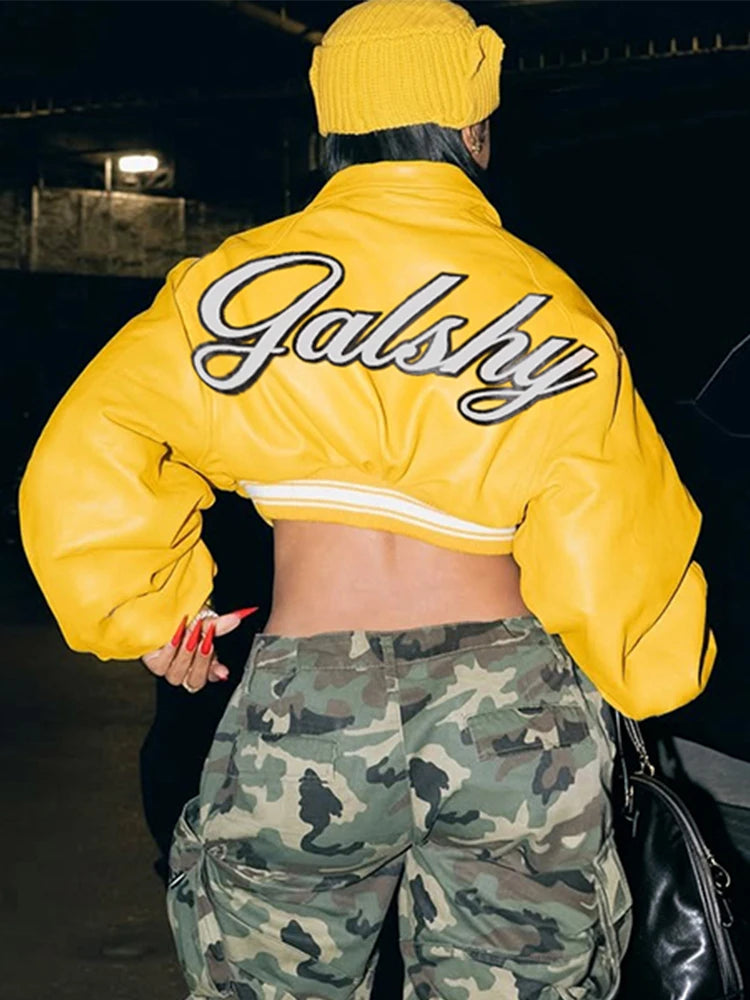 Letter Print Crop Jacket Woman Autumn Trend Lapel Full Sleeve Zip Cardigan Hot Girls Street Hip-Hod Style Jackets