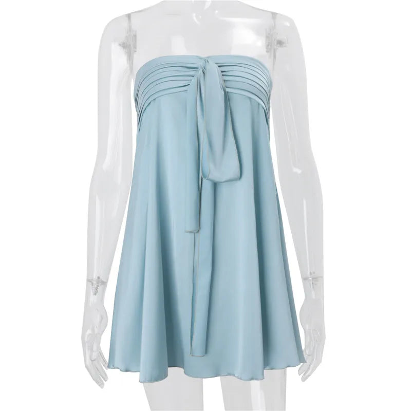 Satin Strapless Bow Mini Dress Women Elegant Ruched Tube Top A Line Dress for Summer Vacation Party Wedding Guest