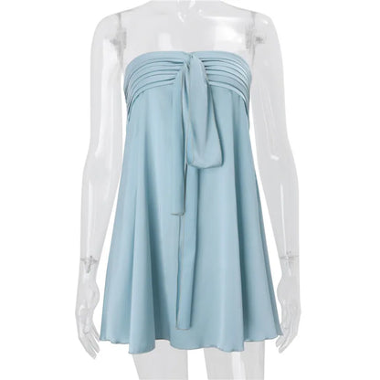 Satin Strapless Bow Mini Dress Women Elegant Ruched Tube Top A Line Dress for Summer Vacation Party Wedding Guest