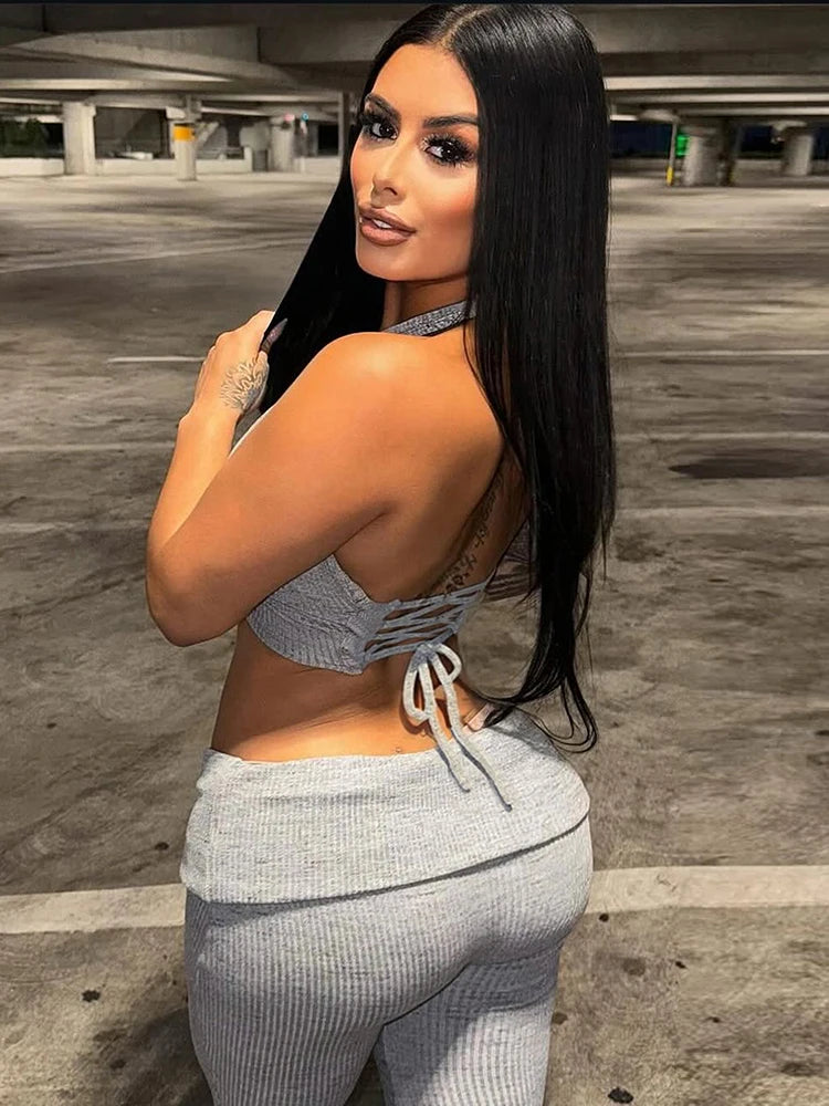 Casual Ribbed Women 2 Piece Set Casual Backless Bandage Halter Tank Tops+Lapel Pants Matching Stretch Sexy Streetwear