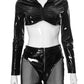 PU Patchwork Sexy 2 Piece Set Women Autumn Hipster Full Zip Crop Jacket+Shorts Matching Clubwear Midnight Outfits