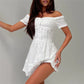 Y2K Aesthetic Off Shoulder Frill Mini Dress Women Textured Fabric Front Buttons Back Bow Slim Party Vacation Sundress