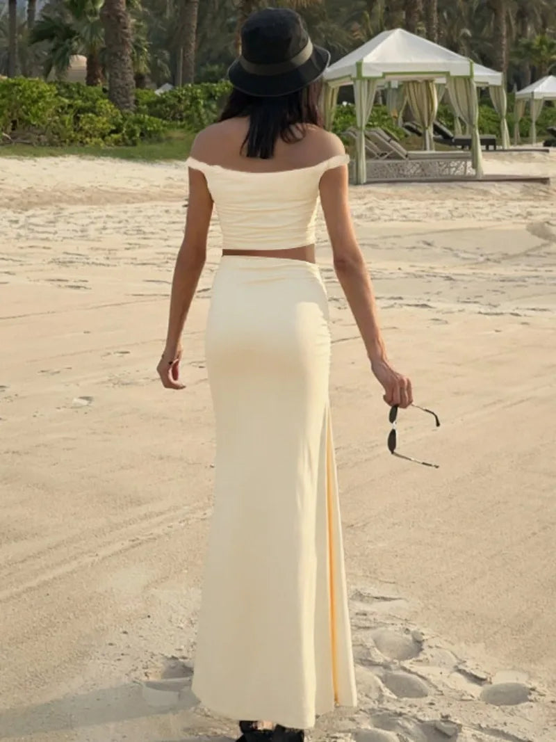 Woman 2 Piece Set Vacation Outfit Summer Twisted Off Shoulder Crop Top and Long Skirts Co Ord Sets