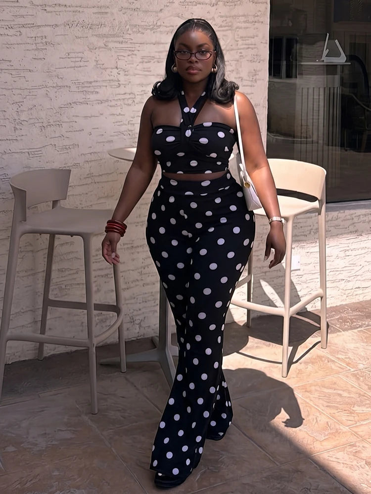 Sexy Fashion 2 Piece Set Woman Polka Dot Print Halter Backless Tank Tops+Elastic Waist Pants High Street Style Suits