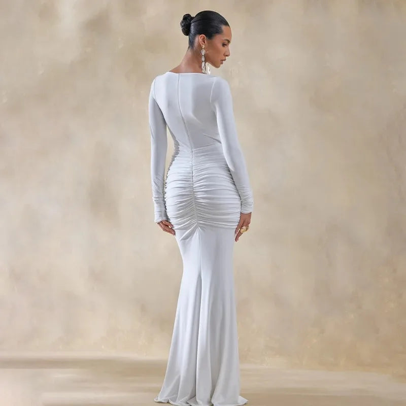 Long Sleeve Draped Front Maxi Dress 2026 Evening Gown White Classy Dresses for Woman Elegant Fall Clothing