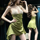 Patchwork Satin Dress Women Folds Sequin Chain V-Neck Irregular Hem Zipper Backless Fashion Sweet Chic Mini Bodycon