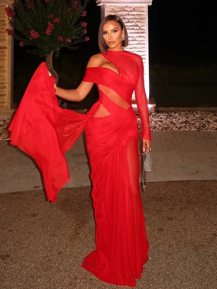 Mesh Sheer Sexy Red Evening Party Dresses Woman Elegant Christmas Asymmetrical Cutout Long Sleeve Maxi Dress