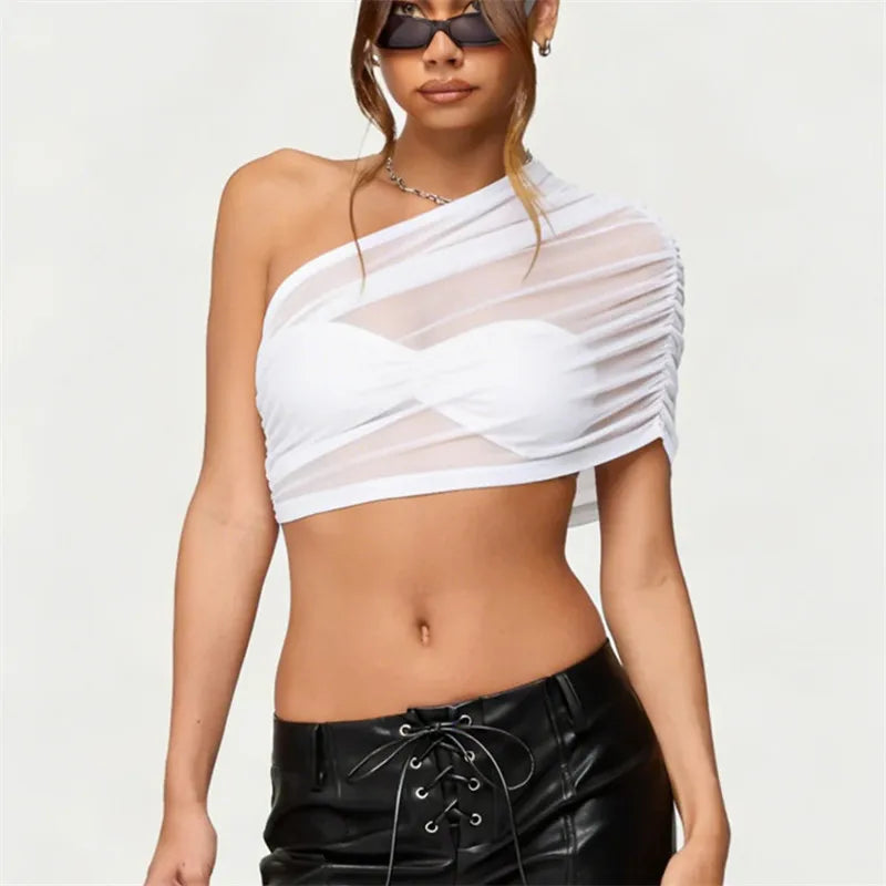 Women Sheer Mesh Cover Ups with Layered Bandaeu Bra Set Solid Color One Shoulder Summer Crop Tops Y2K Streetwear