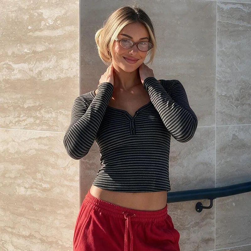 Dark Gray Striped Crop Tops Long Sleeve Fitted T Shirts Fashion 2026 Woman Fall Clothes