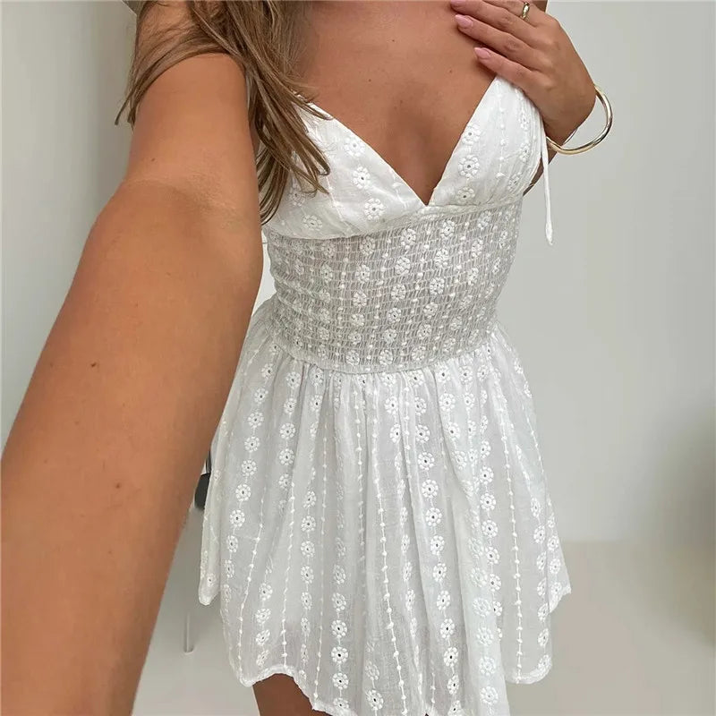 Shirred Waist Eyelet Cutwork Floral Slip Mini Dress For Women Tie Thin Straps Deep V Backless Casual Holiday Sundress