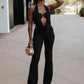 Backless Women Jumpsuit+Bra Tops Sexy Swing Collar Hollow Midnight Workout Clubwear Simple Stretch Skinny Overalls