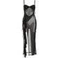 See Through Dress Woman Summer Sexy Spaghetti Straps Patchwork Irregular Tassel Splits Swimsuit Beach Skinny Vestidos