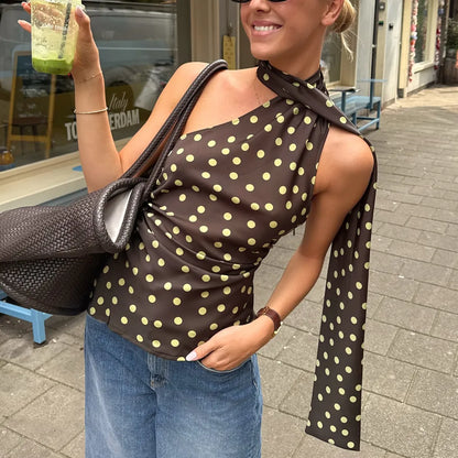 Women's Halter Neck Tops Off Shoulder Sleeveless Polka Dots Print Slim Fit Ruched Tank Tops Summer Party Club Shirts