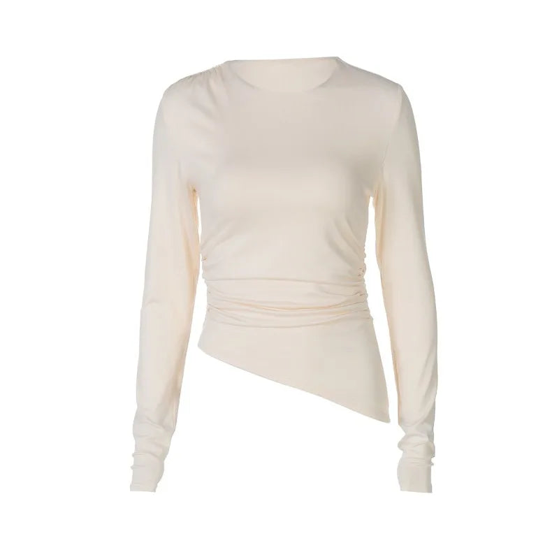 Crew Neck Long Sleeve Asymmetrical Tops Solid Color Tight Fitted T Shirts Fashion Fall Clothes Woman